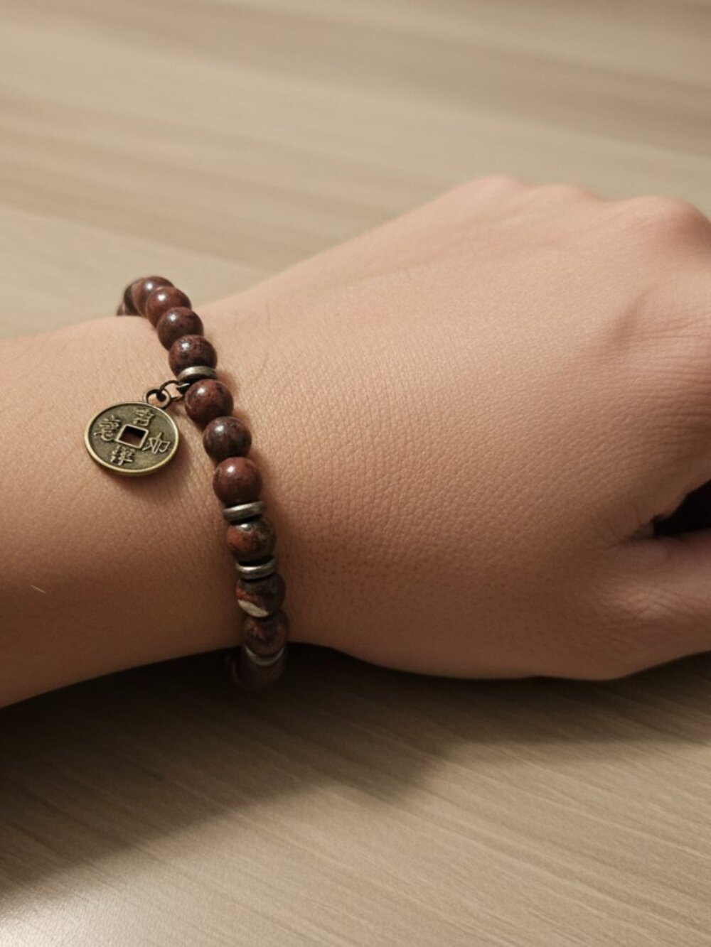 Designs by Forte Boho Red Jasper Stone Stretch Bracelet with Asian Coin Charm